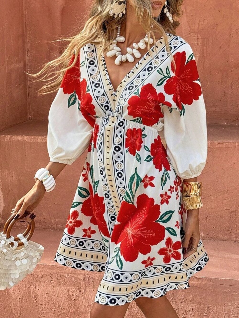 Multicolor Boho Women's V-Neck Mid-Sleeve Cinched Waist A-Line Hem Dress